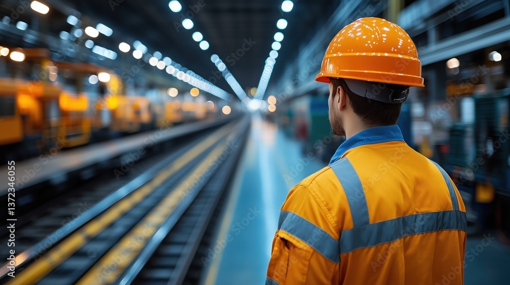 railway worker dressed in an orange uniform and safety helmet stands on the platform. brightly lit facility creates a vibrant atmosphere as trains wait along the tracks railway worker dressed in an orange uniform and safety helmet stands on the platform. brightly lit facility creates a vibrant atmosphere as trains wait along the tracks