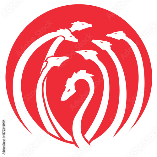 Minimalistic Hydra art with white silhouette and red background
