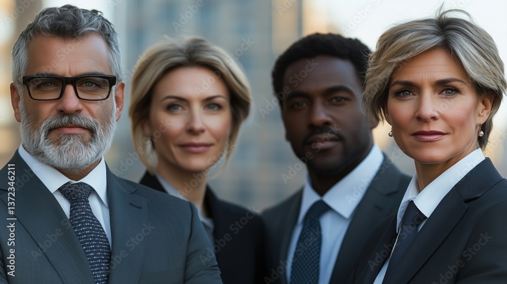 Four diverse professionals, two men and two women, dressed in formal business attire, pose confidently against a city skyline during a sunny day, exuding teamwork and professionalism Four diverse professionals, two men and two women, dressed in formal business attire, pose confidently against a city skyline during a sunny day, exuding teamwork and professionalism