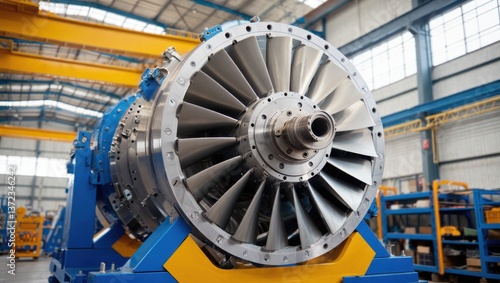 Wallpaper Mural A large jet engine is showcased in a high-tech aerospace workshop, highlighting intricate turbine blades and supporting structures Torontodigital.ca