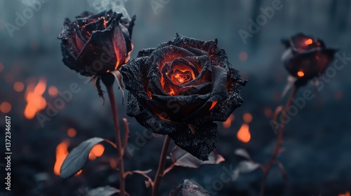 Fototapeta Naklejka Na Ścianę i Meble -  Dramatic black roses glow with fire in the petals, standing in darkness. Use this powerful image for concepts of burning love, or dark fantasy.