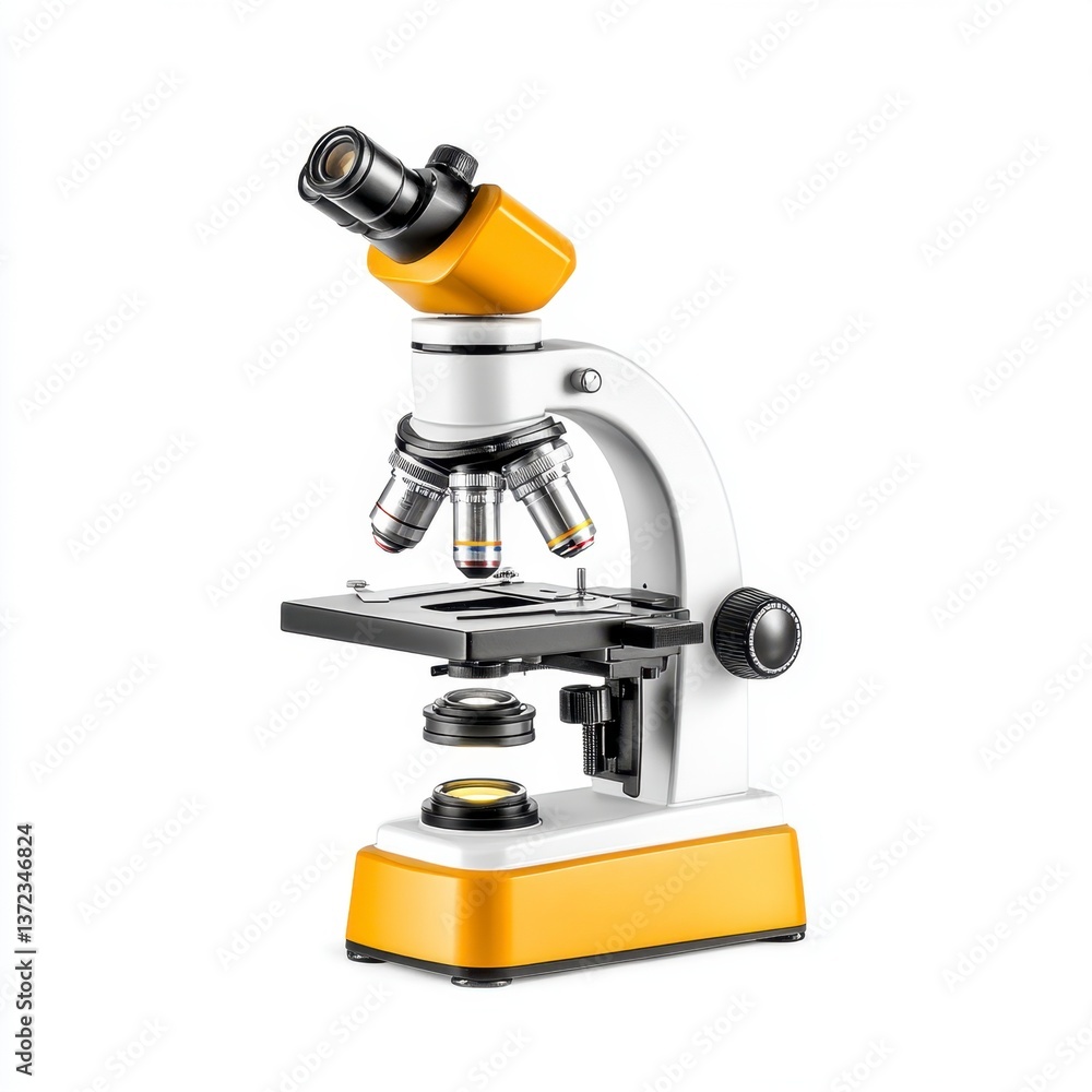 A yellow and white compound microscope is shown on a white background. The microscope is angled slightly to the left, showcasing its various components and settings. A yellow and white compound microscope is shown on a white background. The microscope is angled slightly to the left, showcasing its various components and settings.