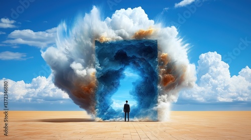 solitary figure stands before a large, swirling portal in a barren desert. portal emits vibrant blue hues against the backdrop of dramatic clouds, hinting at secrets beyond the threshold