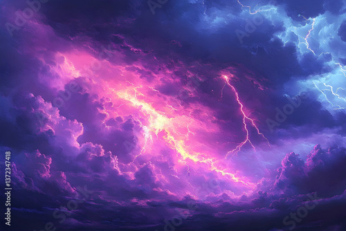 Purple and pink storm clouds with lightning create a dramatic sky scene