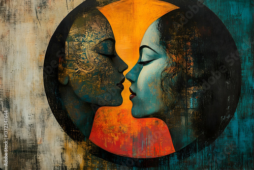 Two female figures softly touch noses in close profile view