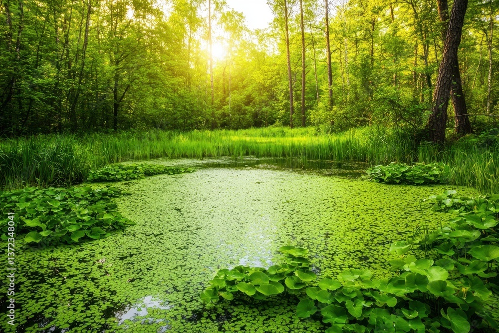Obraz premium Serene Summer Pond in Lush Green Forest Tranquil Nature Scene