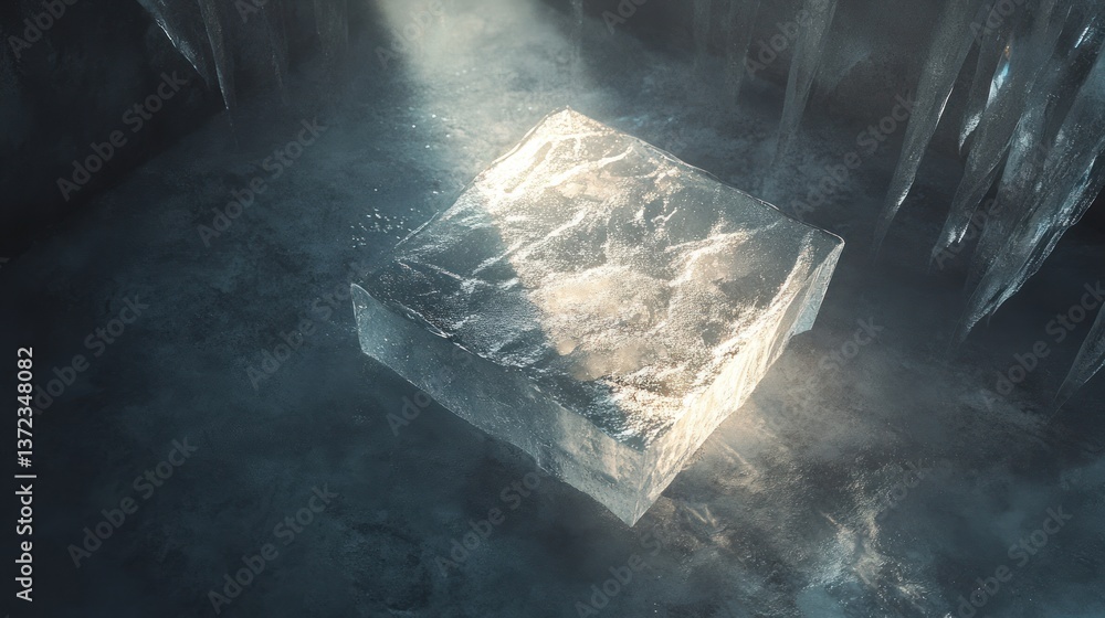 Ice cube in a frozen cave, light illuminating
