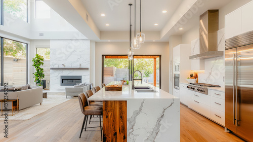 Modern kitchen interior design with island and open living room space