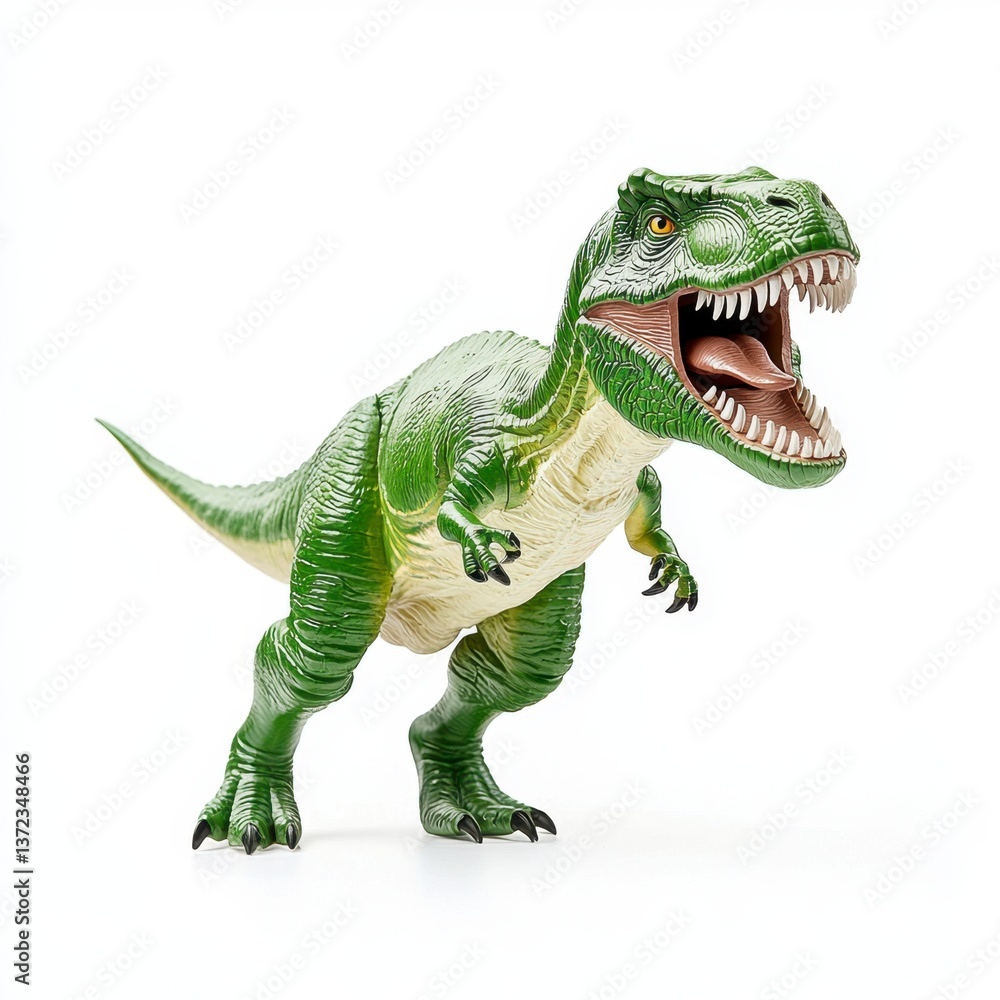 Fototapeta premium Green Tyrannosaurus Rex toy dinosaur isolated on white background. The dinosaur is posed mid stride, mouth open, showcasing detailed texture and color.
