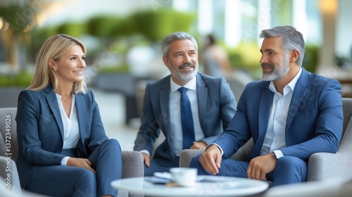 Three business professionals are seated in a contemporary office lounge, engaging in lively conversation while dressed in formal attire. The atmosphere is relaxed yet focused as they share ideas
