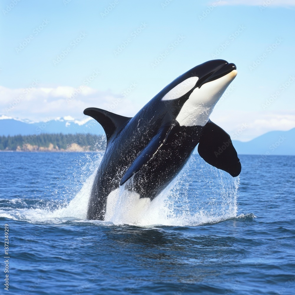 Obraz premium Orca whale leaping from the ocean, splashing water, with mountains and blue sky in the background.