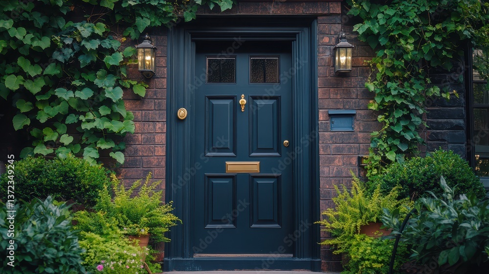 Fototapeta premium Dark blue front door with brass fixtures, brick wall, and greenery around. Great image to showcase home, architecture, design, or real estate themes.