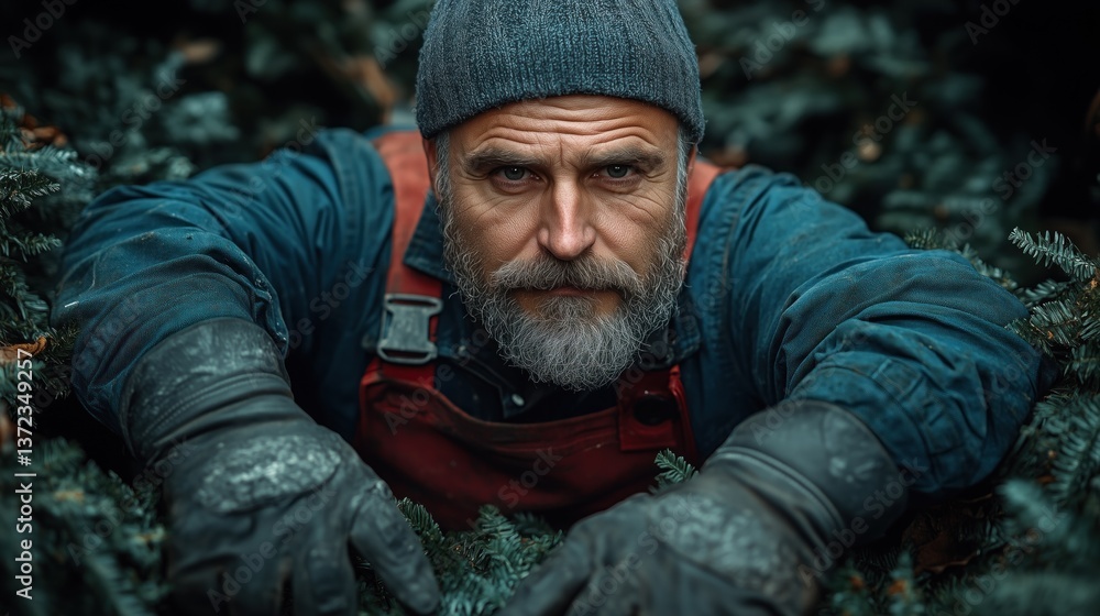 Close-up of a mature man wearing gloves and a beanie, focused on his work among dense evergreen branches. autumn setting highlights his dedication to forestry practices Close-up of a mature man wearing gloves and a beanie, focused on his work among dense evergreen branches. autumn setting highlights his dedication to forestry practices