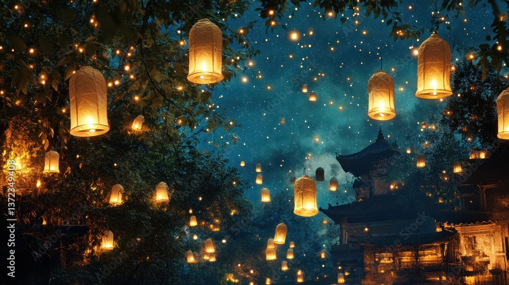 Illuminated lanterns float amidst trees at night, with a traditional Asian temple in the background