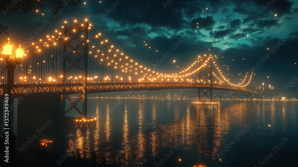 Illuminated bridge at night over water, lanterns, city lights in the distance