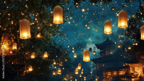 Illuminated lanterns float amidst trees at night, with a traditional Asian temple in the background