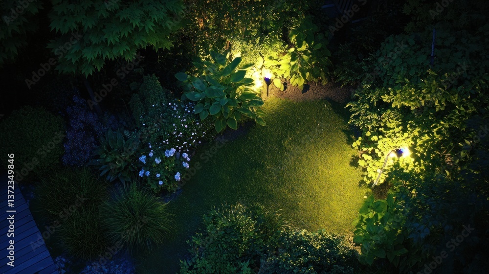Illuminated garden at night, aerial view, lush greenery, pathway