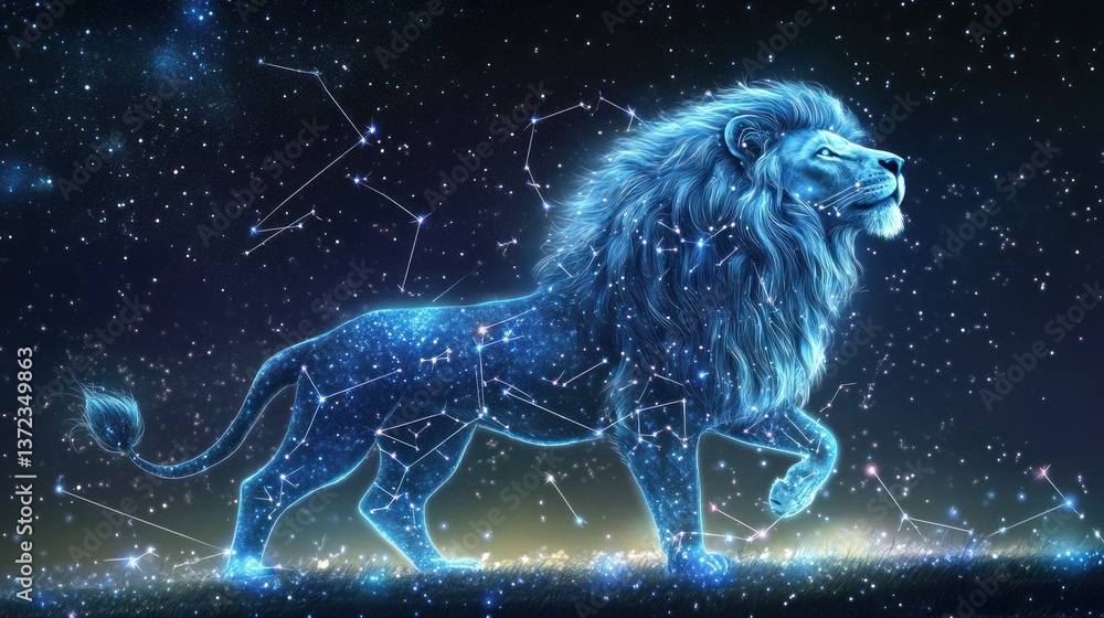 Illuminated lion constellation, night sky background