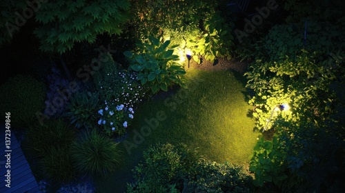 Obraz na płótnie Illuminated garden at night, aerial view, lush greenery, pathway w salonie