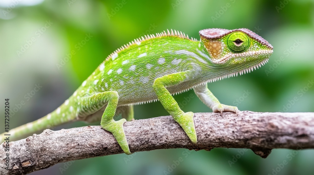 Fototapeta premium Close up of a vibrant green chameleon perched on a gray branch, set against a blurred green background. The chameleon displays intricate skin patterns and textures.