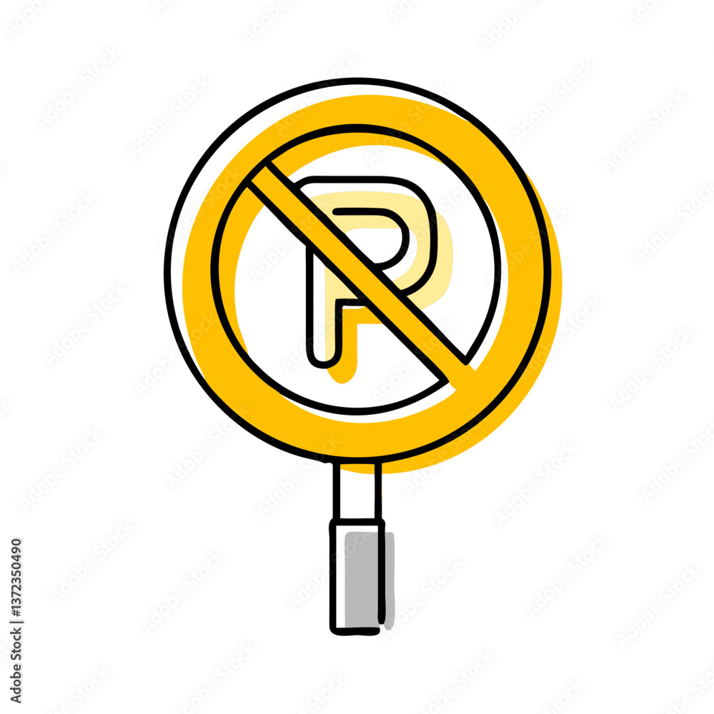 No parking sign icon with a yellow circle and a crossed-out letter P on a white background No parking sign icon with a yellow circle and a crossed-out letter P on a white background