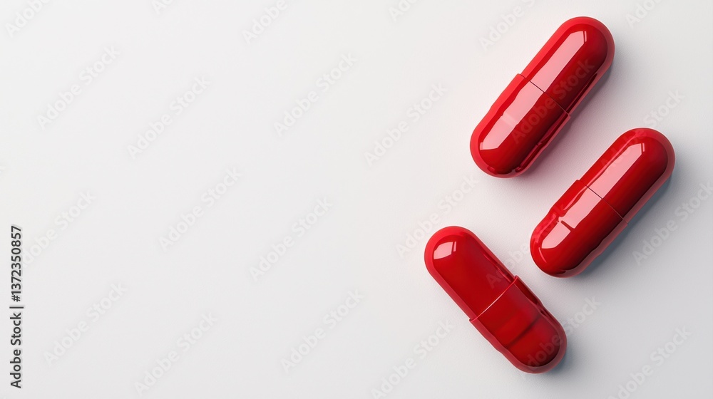 Health benefits of red capsules laboratory setting product photography clean environment top-down view nutritional concept Health benefits of red capsules laboratory setting product photography clean environment top-down view nutritional concept
