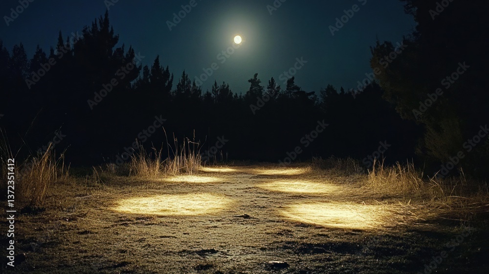 Illuminated path through forest at night under full moon
