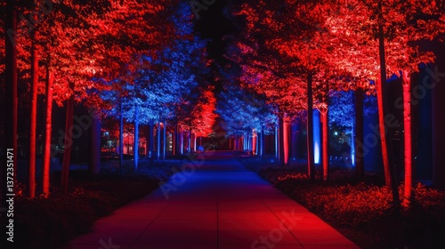 Illuminated Pathway at Night with Red and Blue Trees