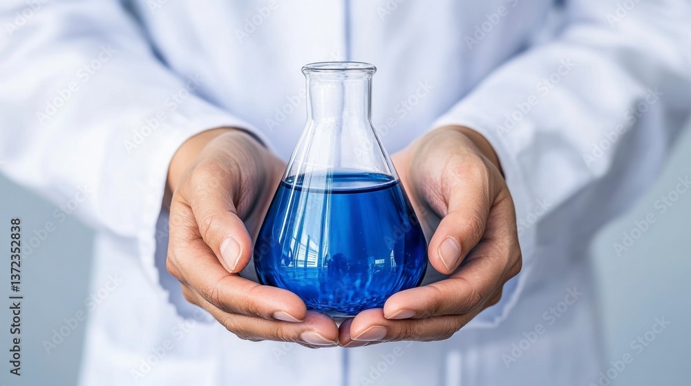 Close up view of two hands gently holding a clear glass Erlenmeyer flask filled with a vibrant blue liquid against a light gray background. The hands are wearing a white lab coat. Close up view of two hands gently holding a clear glass Erlenmeyer flask filled with a vibrant blue liquid against a light gray background. The hands are wearing a white lab coat.