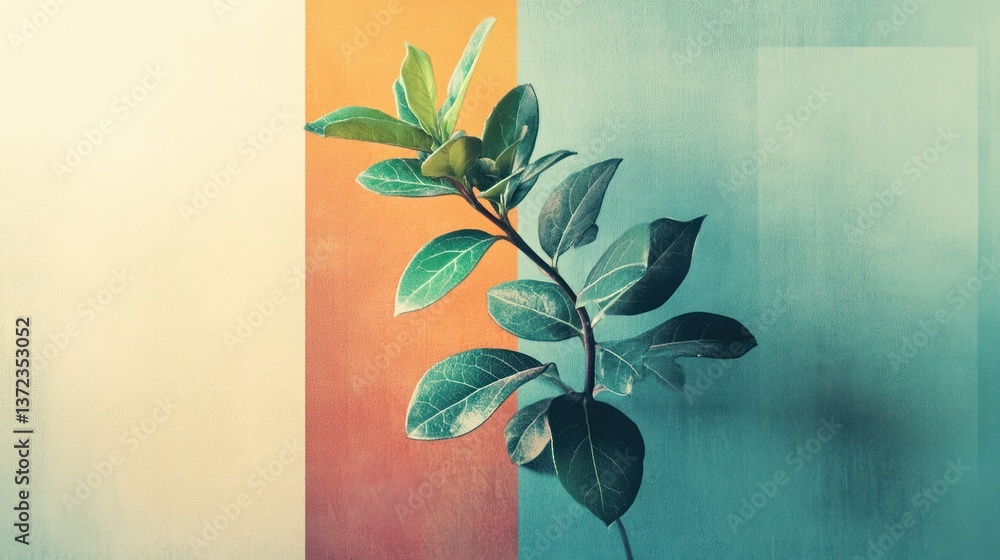 Indoor plant branch against colorful backdrop