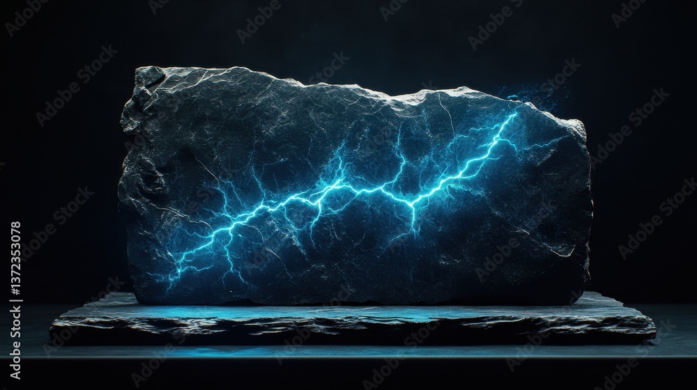 A dark grey rock glows with blue electricity on a matching stone platform. Use this to visualize power, energy, technology, or creative solutions. A dark grey rock glows with blue electricity on a matching stone platform. Use this to visualize power, energy, technology, or creative solutions.
