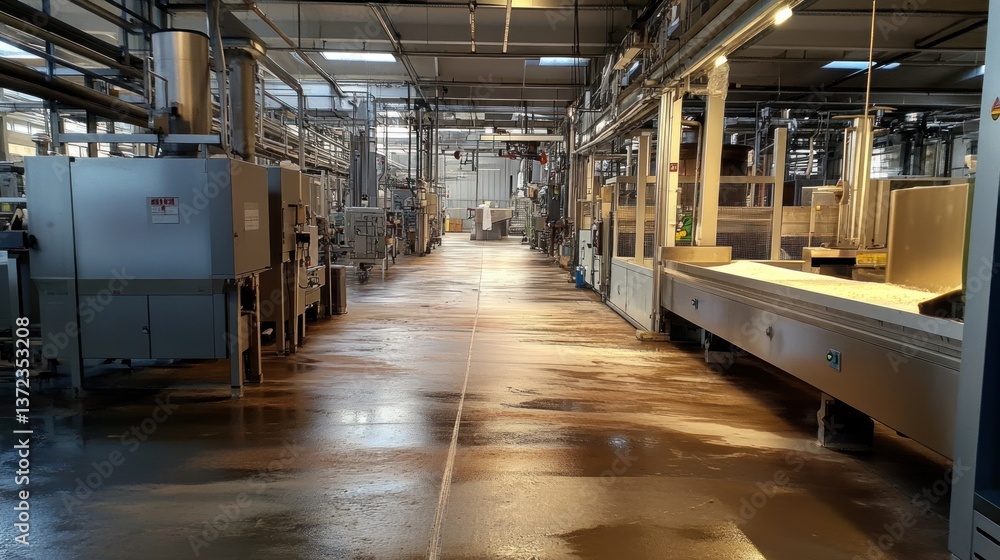 Industrial beverage bottling factory interior, machinery, production line, and clean floor