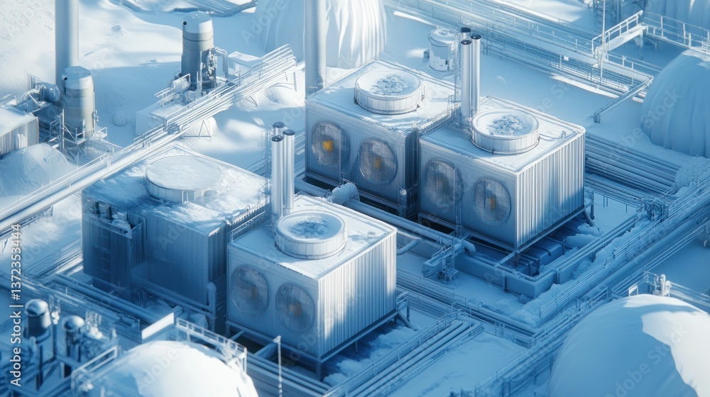 Industrial complex covered in snow, top-down view of frosty machinery