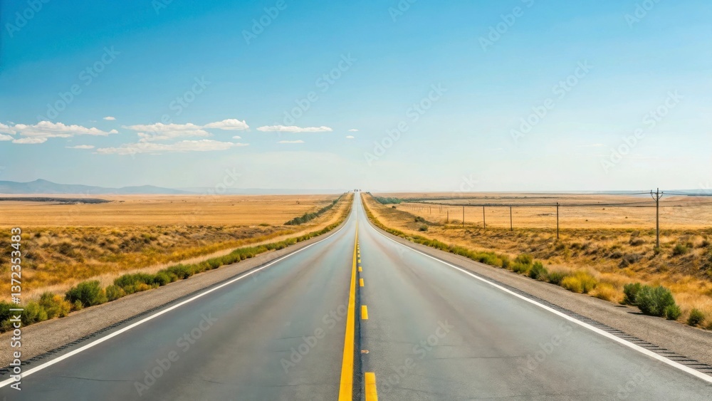 Obraz premium summer Road Trip concept Open road stretching through a vast, arid landscape under a bright blue sky.