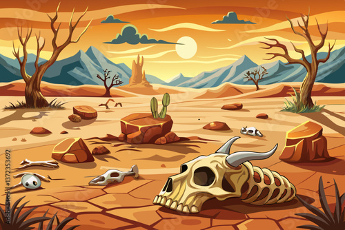 A haunting desert landscape where the skeleton of a wild animal lies under the scorching sun, symbolizing famine and drought