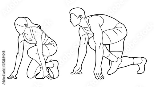 Female and Male Runner Crouch Start Outline.