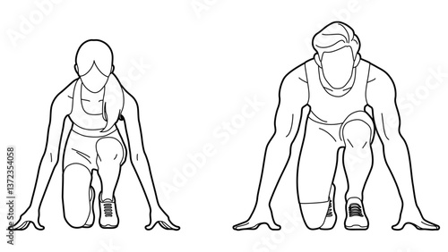 Female and Male Runner Crouch Start Outline.