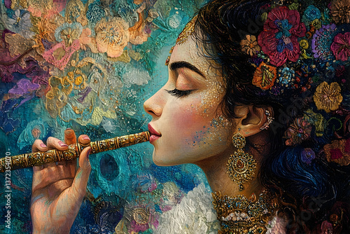 A beautiful woman with closed eyes playing a musical flute