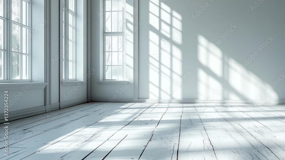 Bright Room With Window Shadows On White Walls And Floor. Minimalist Interior Design Concept. Bright Room With Window Shadows On White Walls And Floor. Minimalist Interior Design Concept.