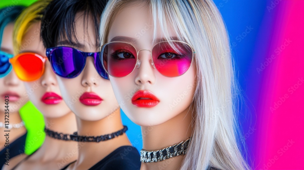 Obraz premium Four young women with vibrant makeup and trendy sunglasses pose against a colorful background. They wear black tops and chokers, exuding a bold and stylish aesthetic.