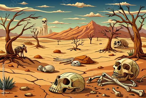 A grim portrayal of famine and drought where animal bones rest lifelessly on a barren desert floor