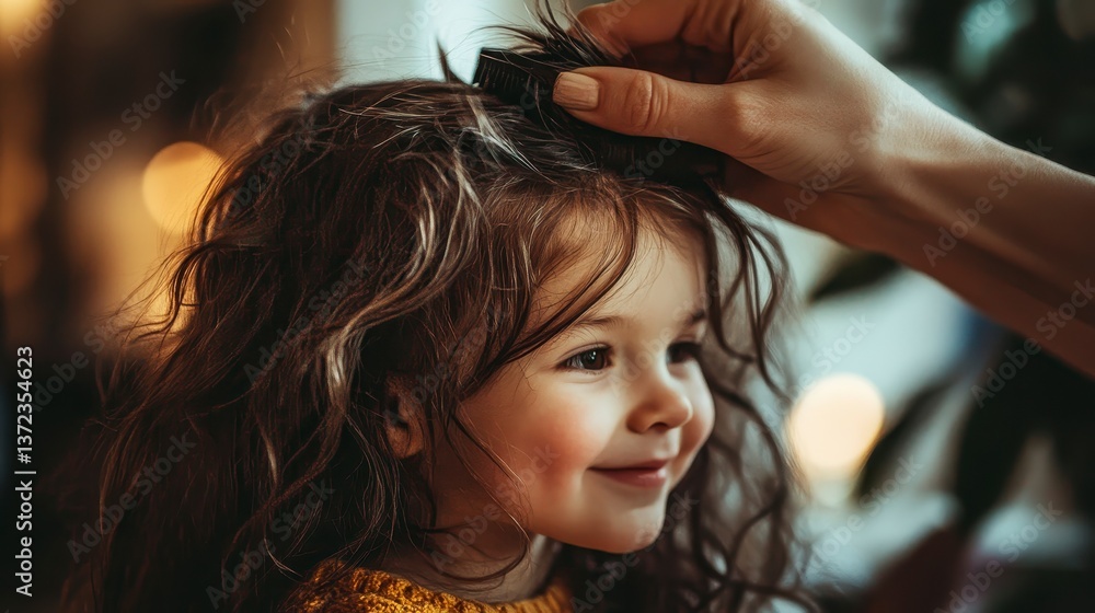 Fototapeta premium Tender Moment Mother Styling Daughter's Curly Hair