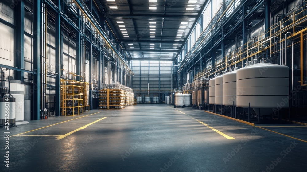 Industrial facility interior, large tanks, production area, sunny day