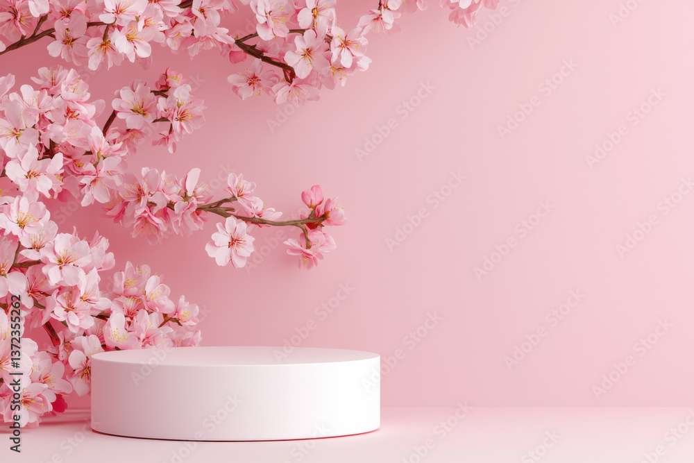 Cherry blossom branches adorning minimalist white display serene pink background floral soft aesthetic Cherry blossom branches adorning minimalist white display serene pink background floral soft aesthetic
