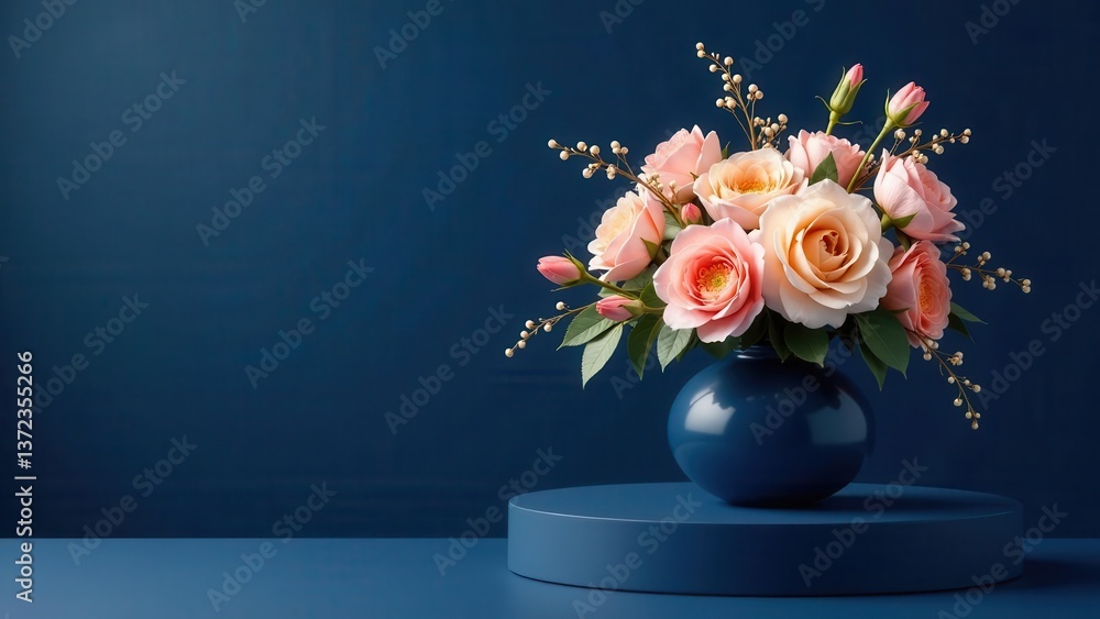 Fototapeta premium A Delicate Arrangement of Peach Roses in a Dark Blue Vase on a Circular Pedestal against a Deep Blue Background