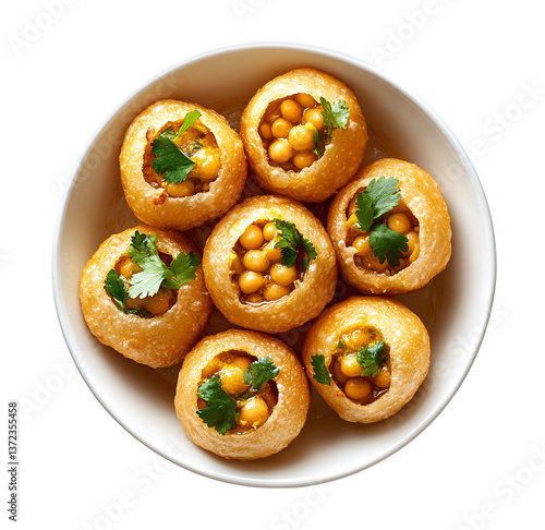 Indian pani puri stuffed with chickpeas and herbs isolated on transparent background..