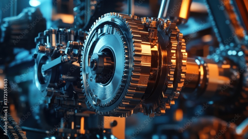 Industrial gears in motion, intricate mechanism, factory background, technological advancement