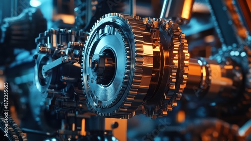 Industrial gears in motion, intricate mechanism, factory background, technological advancement
