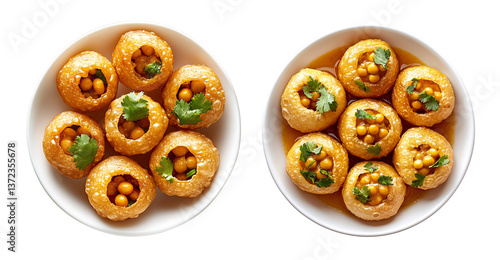 Set of Indian pani puri stuffed with chickpeas and herbs isolated on transparent background..