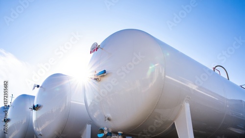 Four large storage tanks for liquid gas stand against a bright blue sky. Sunlight reflects off their smooth surfaces, highlighting the industrial setting